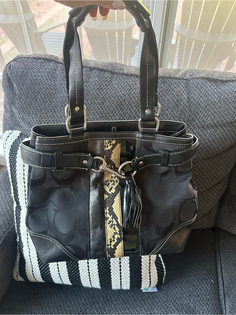 Coach Black Satchel with Snake-Print Center Stripe